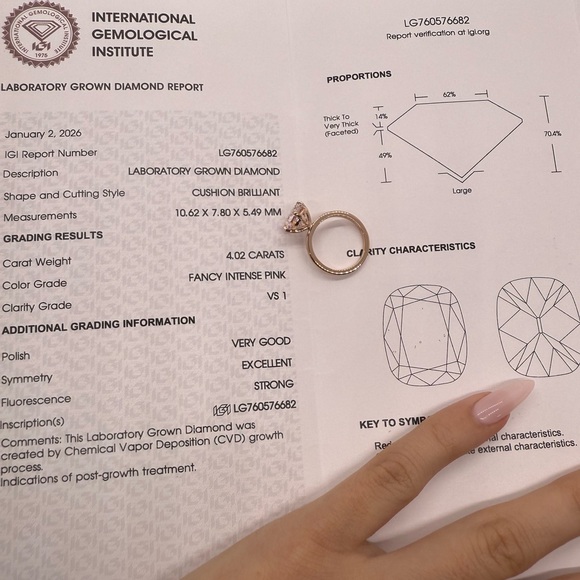 4.02 carat fancy pink antique cushion lab diamond compass prongs engagement ring - Picture 5 of 11